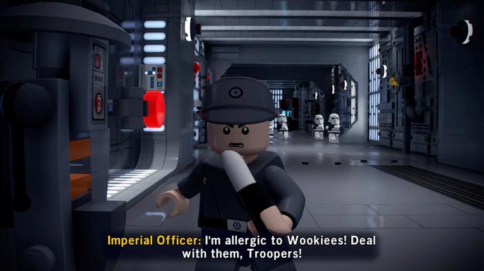 An imperial officer in Lego Star Wars: The Skywalker Saga says, "I'm allergic to Wookiees! Deal with them, Troopers!"