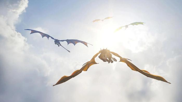 Multiple dragons flying in WoW Dragonflight.