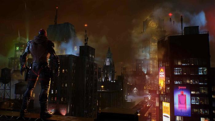 Red Hood looking at the city skyline in Gotham Knights.