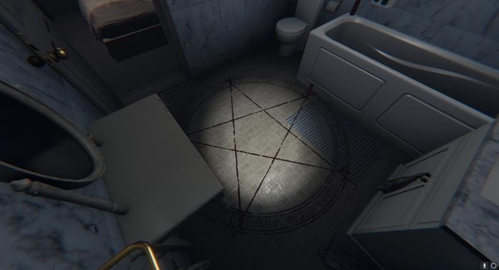 The Summoning Circle, one of six Cursed Possessions, in a bathroom in Phasmophobia.