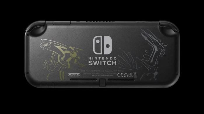 A special Switch Lite which is black with the gold and silver outlines of Dialga and Palkia on it.
