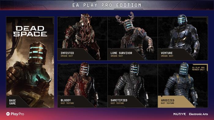 All of the suits that are available for EA Play Pro users to wear in Dead Space Remake.