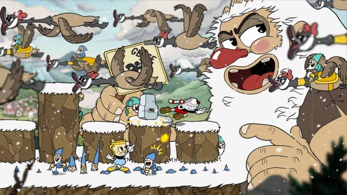 A yeti-like enemy fights Cuphead in Cuphead: The Delicious Last Course.