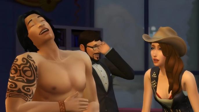 An image of some sims laughing in The Sims 4.