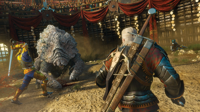 Geralt and another NPC in combat with a monster in The Witcher 3: Wild Hunt.