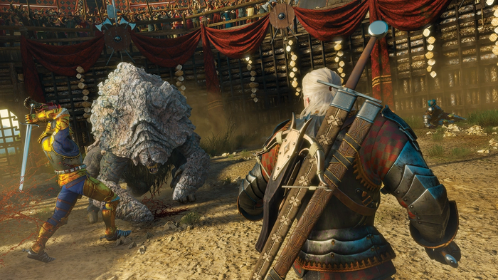 Geralt and another NPC in combat with a monster in The Witcher 3: Wild Hunt.