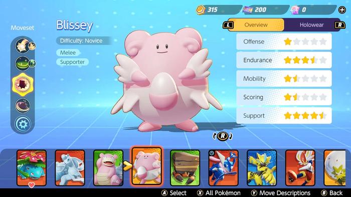 Stats related to each Pokémon Unite Blissey build.