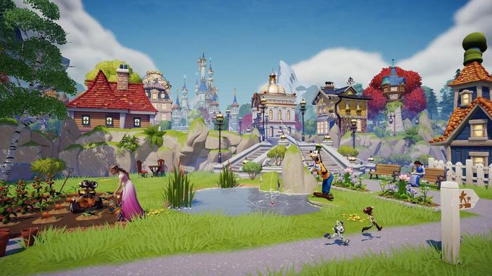 Image of Buzz, Woody, and other Disney characters walking around Dreamlight Valley.