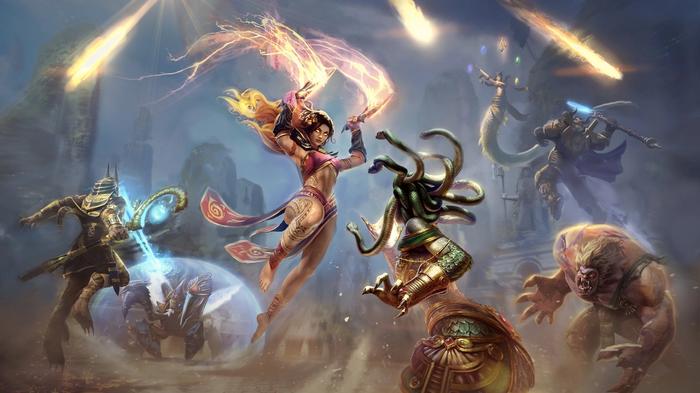Image of various Norse gods battling in Smite.