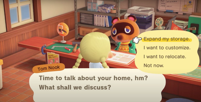 A player talking to Tom Nook at the Construction Desk in the Town Hall, requesting to 'Expand my storage.'