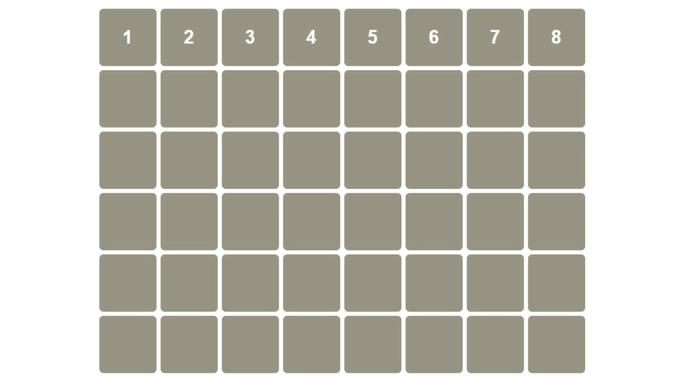 Six Nerdle lines of grey boxes with the first line filled out with the numbers one to eight