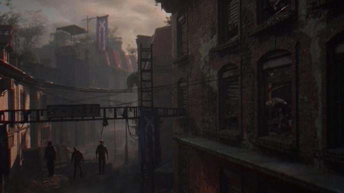 Dying Light 2 Opening Cinematic Infected Building in dark alley of Villedor. Three bodies hanging from structure in the street.
