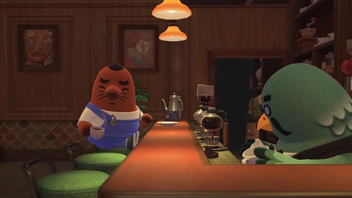 Resetti with Brewster at The Roost in Animal Crossing: New Horizons.