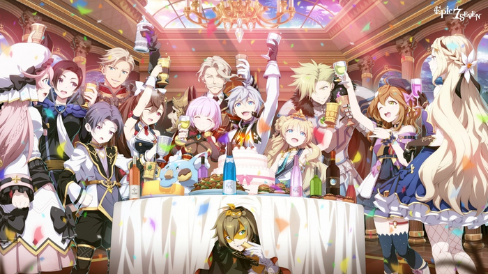 Screenshot from Epic Seven, showing a crowd of anime characters at a party