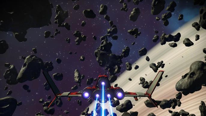A Starship amongst asteroids that can be farmed for Tritium in No Man's Sky.