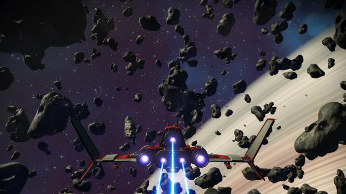 A Starship amongst asteroids that can be farmed for Tritium in No Man's Sky.