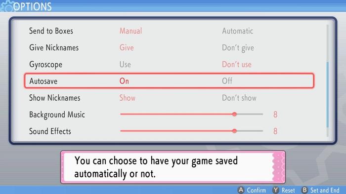 Options and settings menu in Pokémon Brilliant Diamond & Shining Pearl, where players can choose to have their game saved automatically or not.