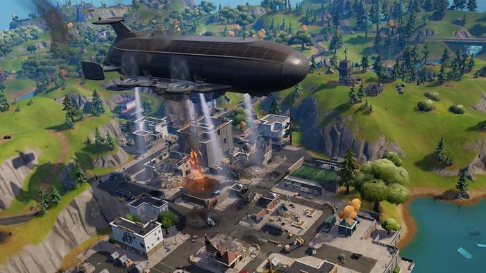 Image of a destroyed Tilted Towers in Fortnite.