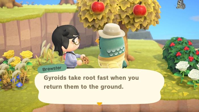 Brewster telling a player to bury and water Gyroid Fragments in Animal Crossing: New Horizons.