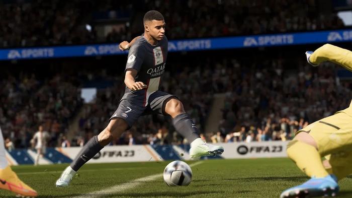 Image of Kylian Mbappé dribbling with the ball in FIFA 23.