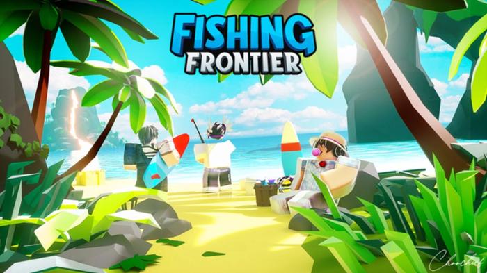 Key art for Fishing Frontier featuring a sunny beach and some Roblox characters.