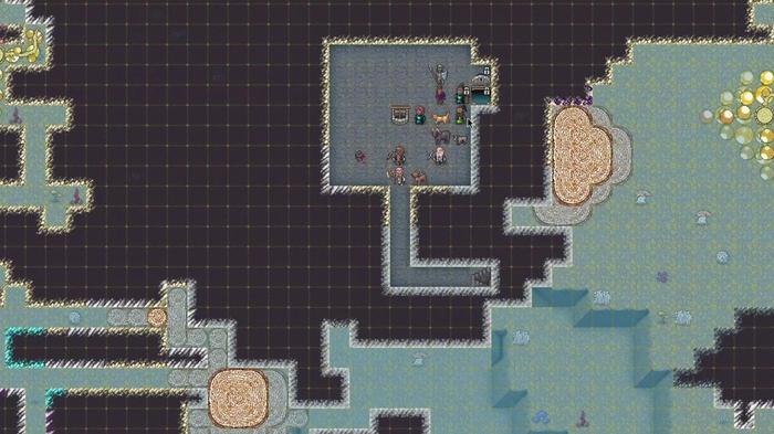 Animals and dwarfs are in the building next to the water in Dwarf Fortress.