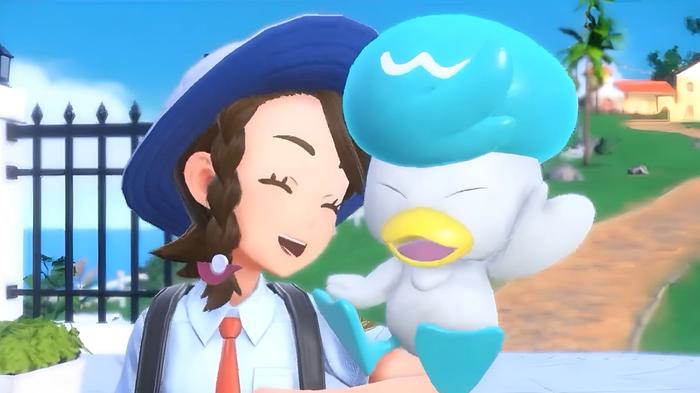 Quaxly and a Pokemon trainer in Scarlet and Violet