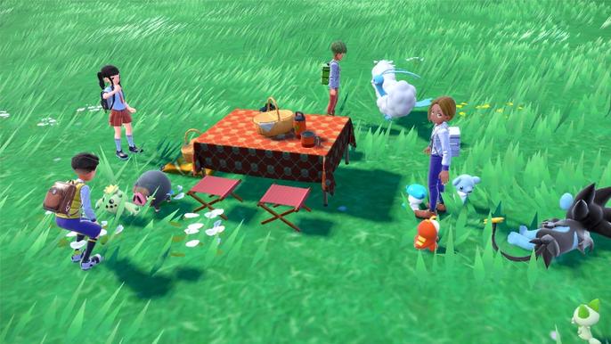 Pokemon and trainers having a picnic in Pokemon Scarlet and Violet
