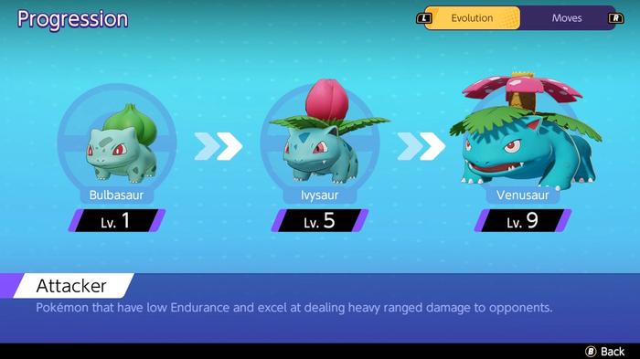 The progression screen showing the level Pokémon Unite Venusaur evolves at.