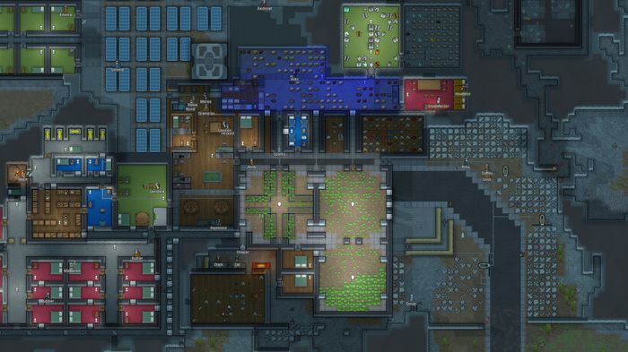 A cluster of different buildings in Rimworld.