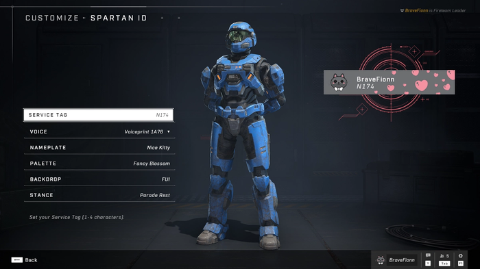 The customize ID menu in Halo Infinite, showing options for nameplate changes, icons, backdrops, and more.