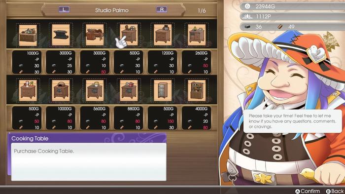 Image of Studio Palmo's shop in Rune Factory 5, with the cooking table highlighted.