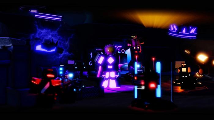 Screenshot from Tower Blitz, showing a neon-coloured map with a Roblox figure in the middle.
