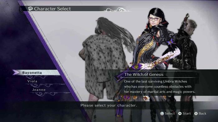 The character selection screen in Bayonetta 3.