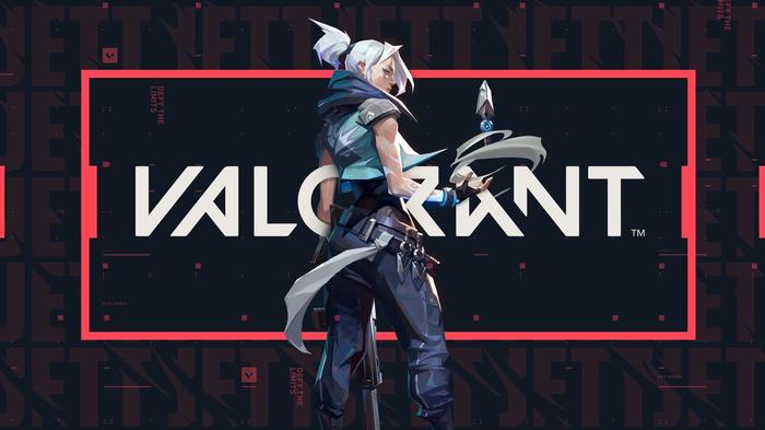 Duelist Agent Jett with the Valorant logo in the background.