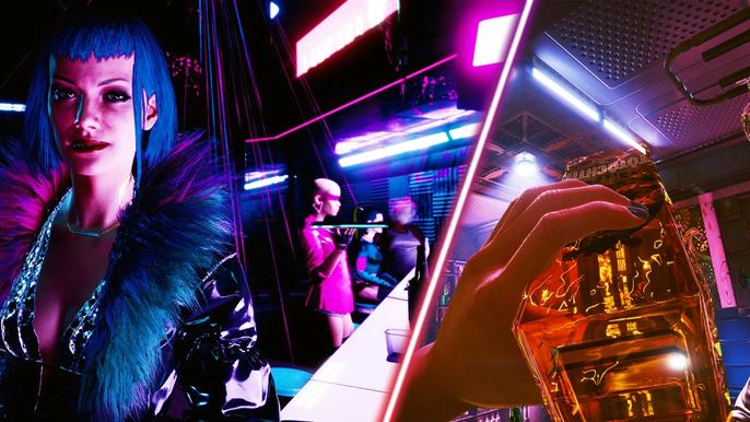 Some Cyberpunk 2077 characters having a drink at a bar.