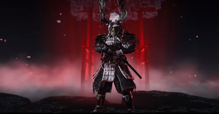 Screenshot from Ghost of Tsushima Legends showing a character in front of a red background.