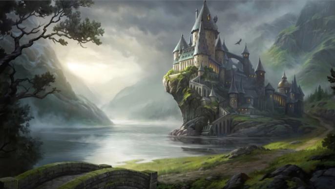 A castle on a seaside hill in Hogwarts Legacy.