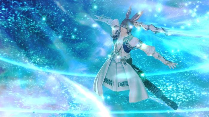 A staged screenshot of a character gliding through the air, showcasing a potential outfit for the FFXIV Fashion Report this week. 