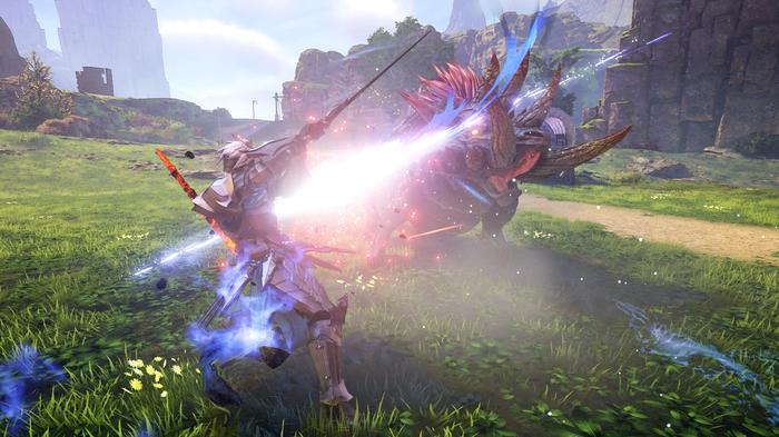 Screenshot from Tales of Arise showing a swordsman character slashing at a multi-horned creature in an idyllic field.