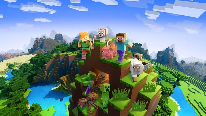 A Minecraft promo image with the main characters atop a mountain.