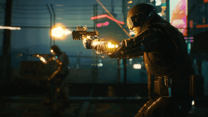 Soldiers shooting pistols in Cyberpunk 2077.