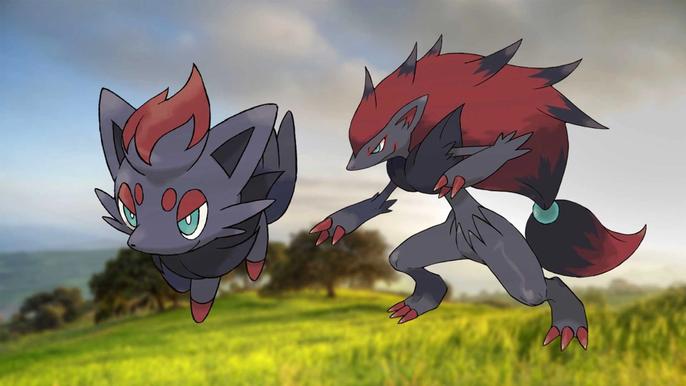 The Pokemon Zorua and Zoroark on a grassy hill
