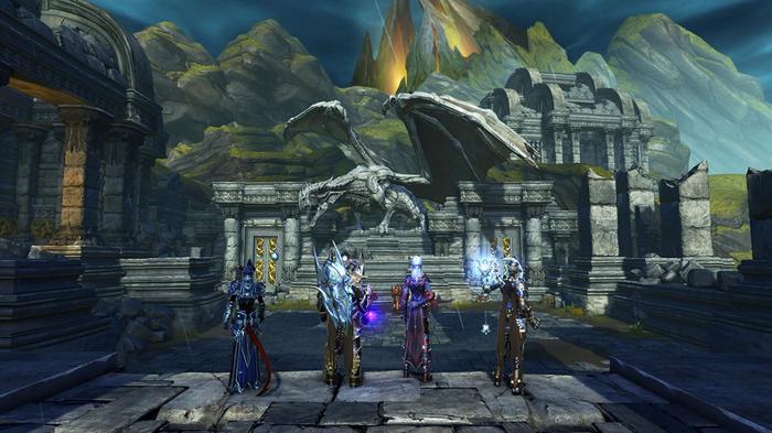 Imager of four fantasy characters approaching a destroyed castle in Neverwinter.