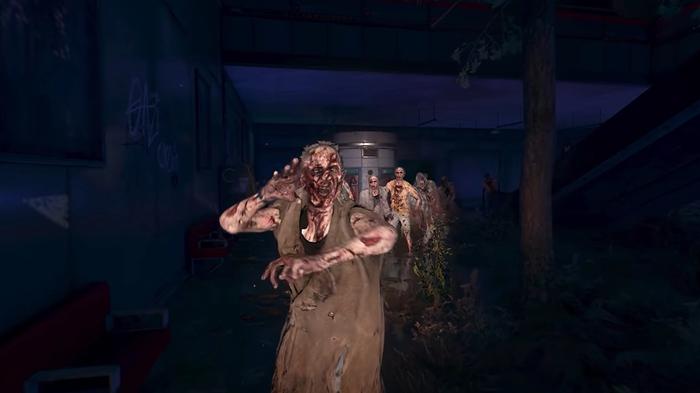 Aiden shines a flashlight on a group of infected