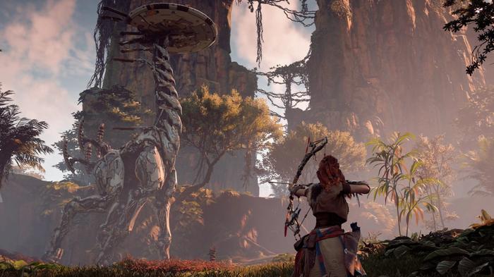Aloy aims her bow at a Tallneck