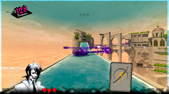 A first-person screenshot of Neon White with a card ready to be used.