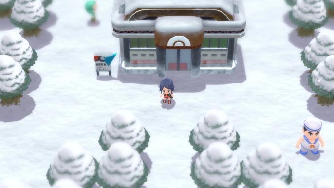 A Pokémon Trainer standing outside of Snowpoint Gym in Pokémon Brilliant Diamond and Shining Pearl.