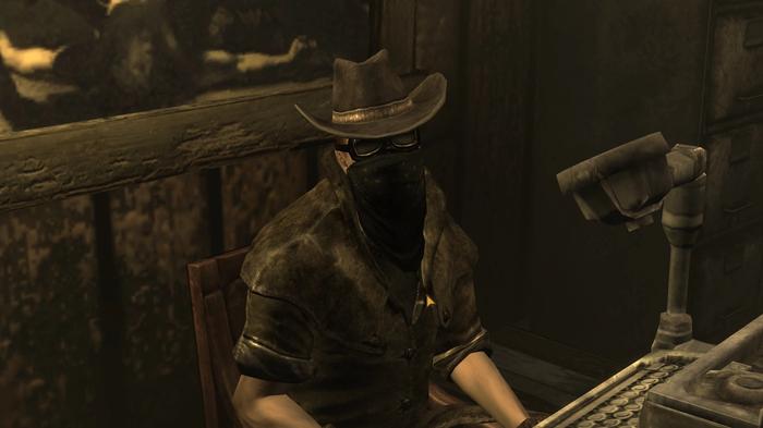 A screenshot of a bounty hunter in Fallout New Vegas.