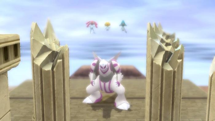 Legendary Pokémon Palkia, Uxie, Azelf and Mesprit shown at Spear Pillar in Pokémon Brilliant Diamond and Shining Pearl.